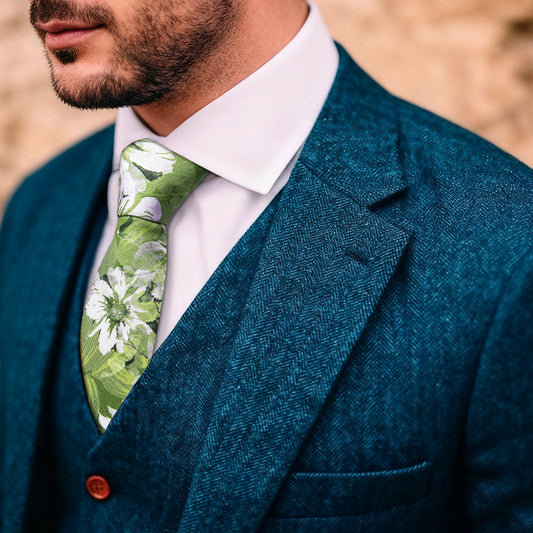 Barry. Wang Men's Cotton Skinny Tie for Summer Wedding Guest Grass Green Floral Necktie 7cm