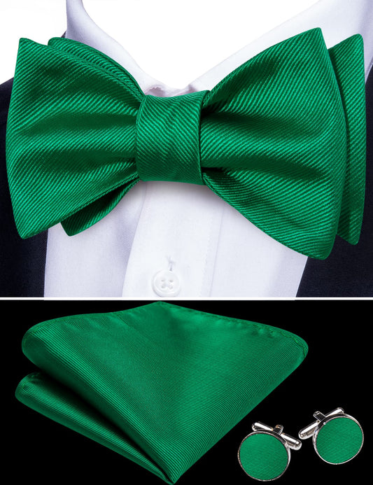 Barry Wang Self-Tied Bowtie Green Striped Mens Tie Hanky Cufflinks Set