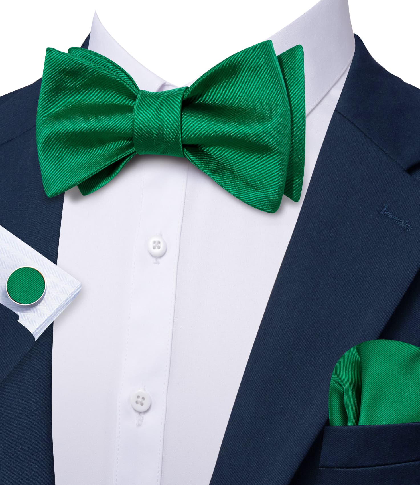 Barry Wang Self-Tied Bowtie Green Striped Mens Tie Hanky Cufflinks Set