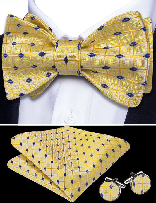 Barry. Wang Yellow Bow Tie Set Blue Plaid Self-tied Silk Mens Tuxedo Bow Tie