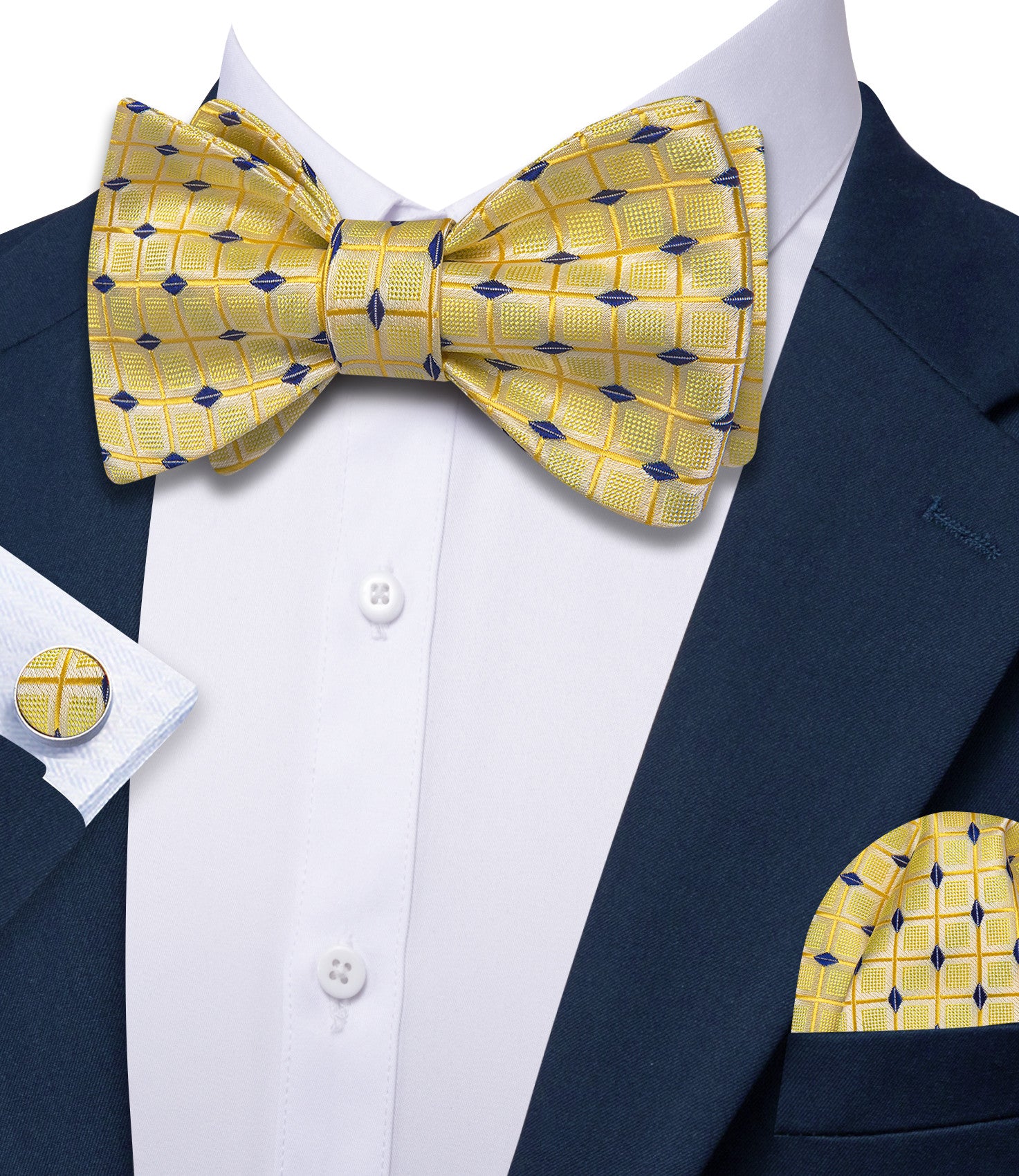 Barry. Wang Yellow Bow Tie Set Blue Plaid Self-tied Silk Mens Tuxedo Bow Tie