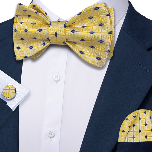 Barry. Wang Yellow Bow Tie Set Blue Plaid Self-tied Silk Mens Tuxedo Bow Tie