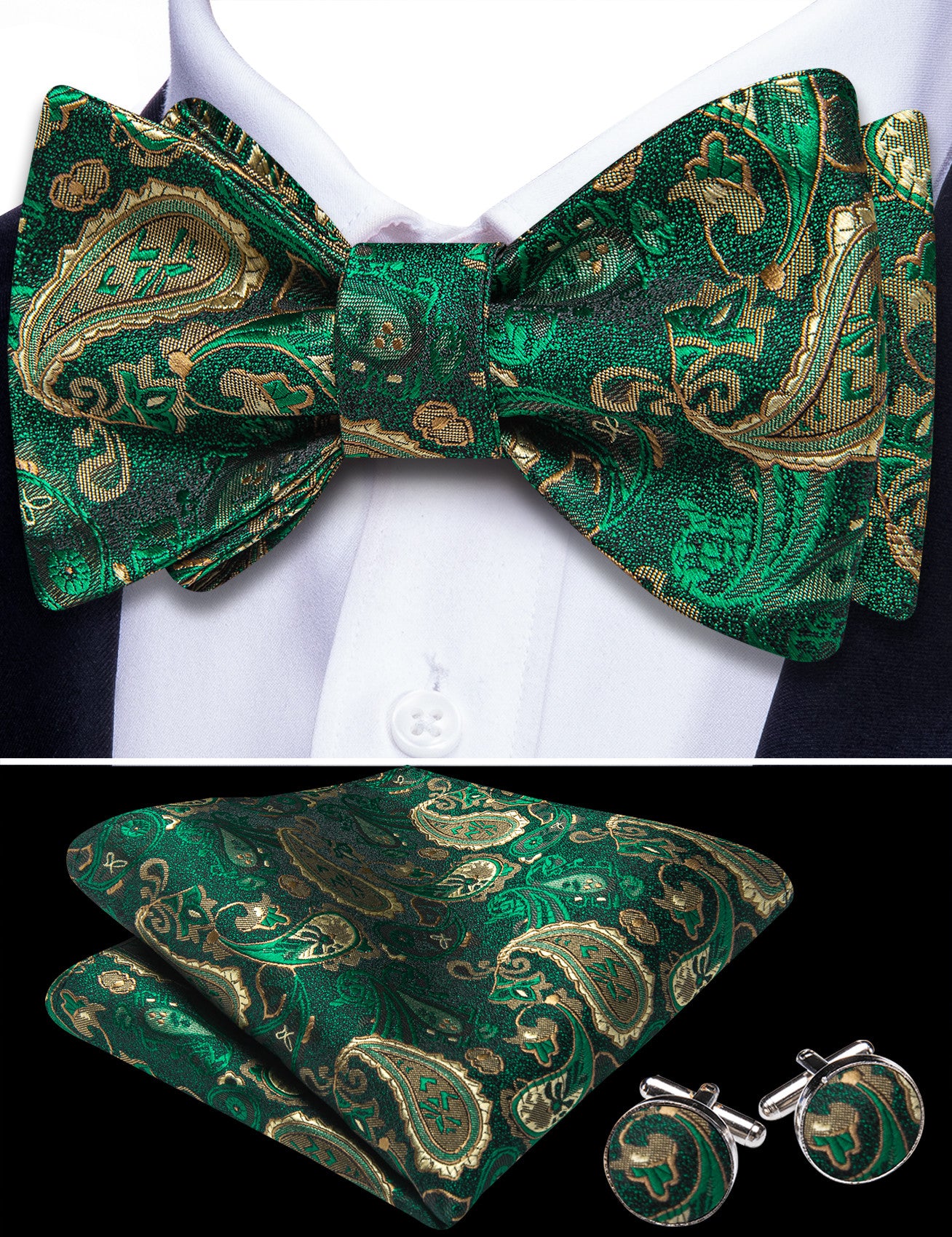 Barry. Wang Hunter Green Bow Tie Set Adjustable Silk Jacquard Mens Wedding Bowtie Hanky Cufflinks Set