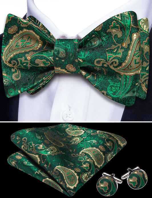 Barry. Wang Hunter Green Bow Tie Set Adjustable Silk Jacquard Mens Wedding Bowtie Hanky Cufflinks Set
