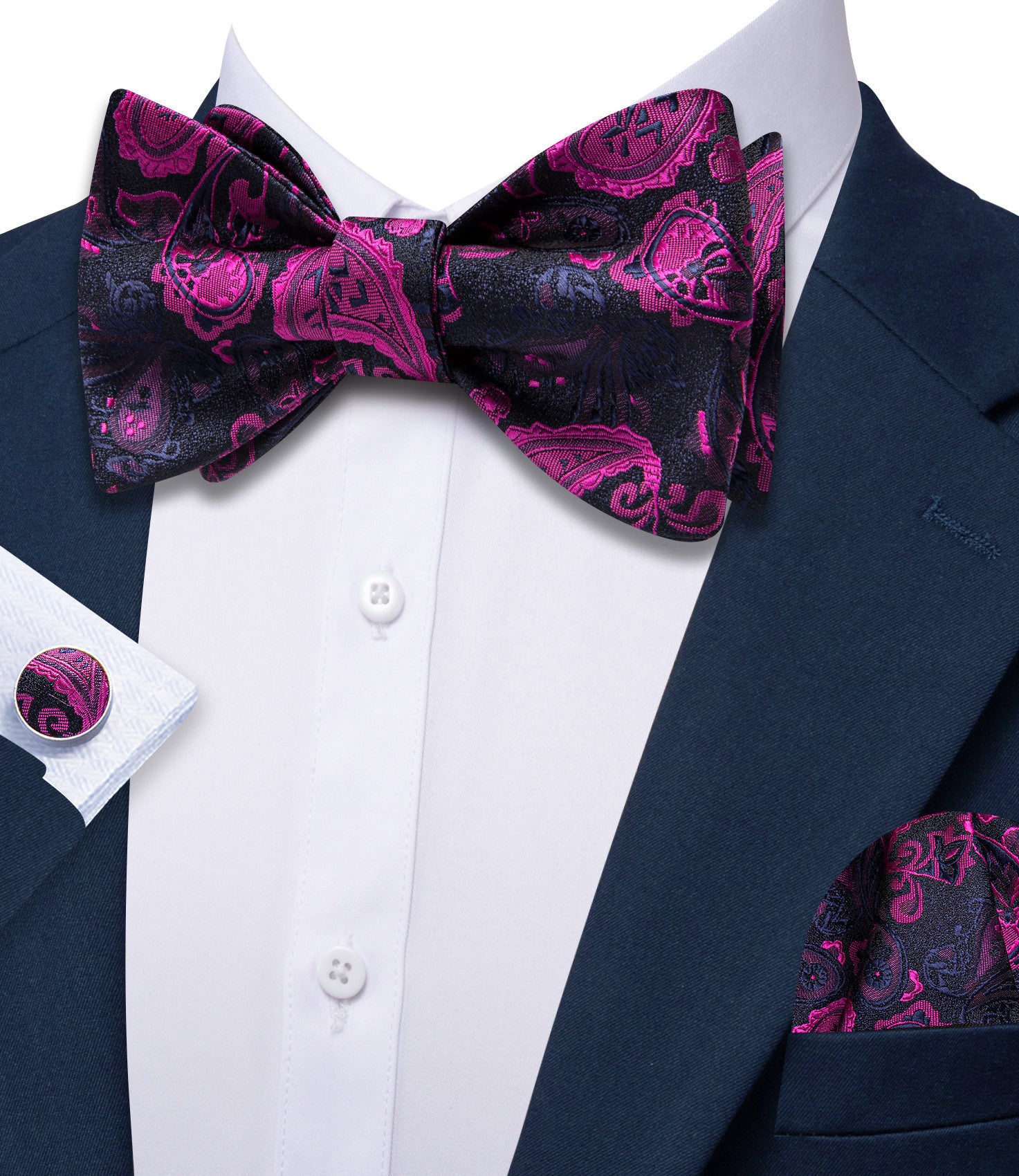 Barry. Wang Purple Pink Bowtie Mens Adjustable Paisley Self-tied Bow Tie Hanky Cufflinks Set