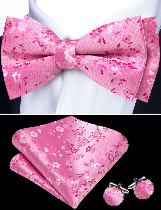 Barry. Wang Hot Pink Bowtie Hanky Cufflinks Set Floral Silk Pre-tied Wedding Bowtie for Tuxedo