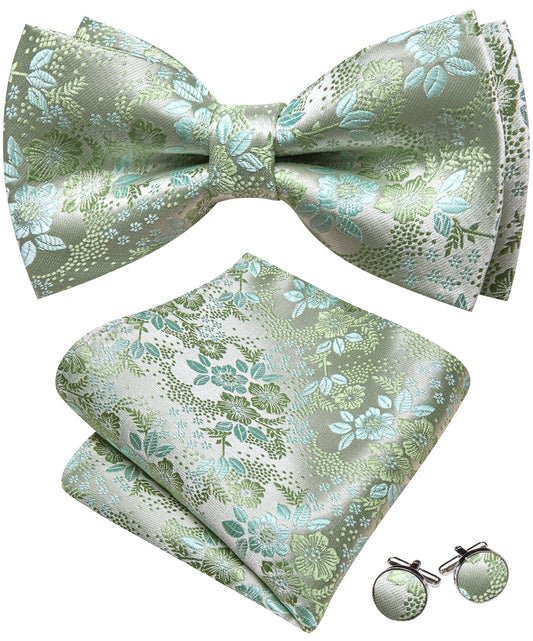 Barry. Wang Sage Green Bowtie Men's Pre-tied Floral Silk Wedding Bowtie Hanky Cufflinks Set