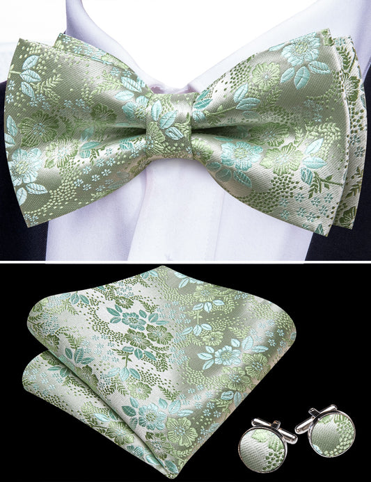 Barry. Wang Sage Green Bowtie Men's Pre-tied Floral Silk Wedding Bowtie Hanky Cufflinks Set
