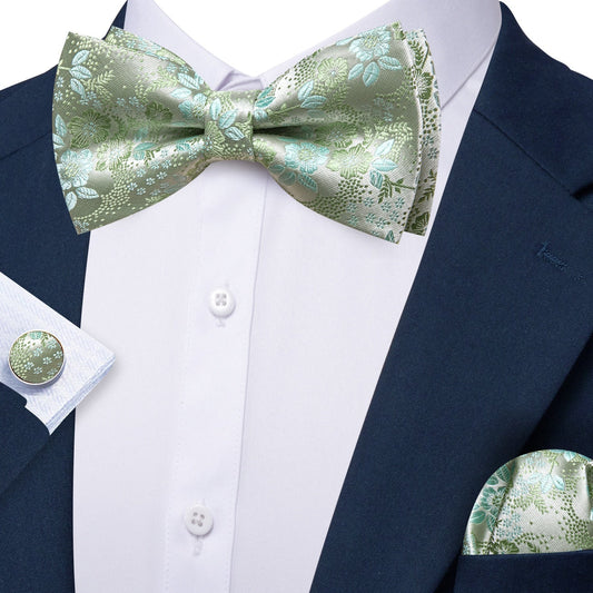 Barry. Wang Sage Green Bowtie Men's Pre-tied Floral Silk Wedding Bowtie Hanky Cufflinks Set