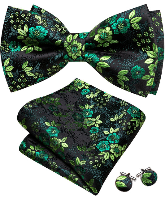 Barry. Wang Emerald Green Bowtie for Formal Floral Pre-tied Wedding Bowtie Hanky Cufflinks Set