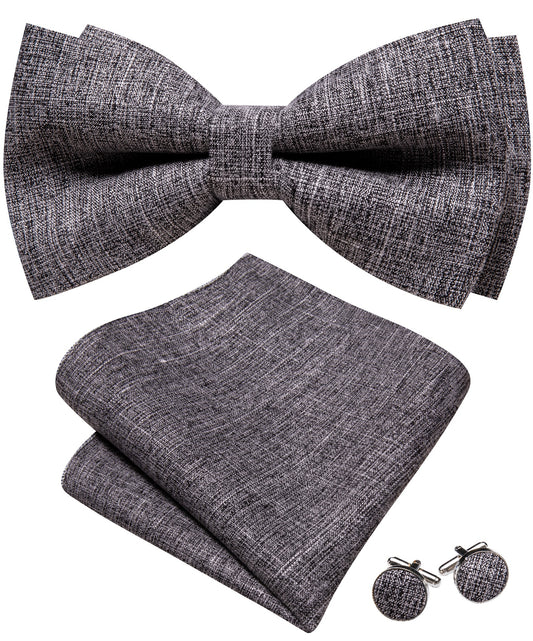 Barry. Wang Grey Bowtie for Men Pre-tied Linen Tuxedo Bowtie Pocket Square Cufflinks Set for Business