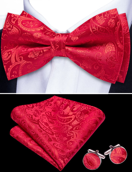 Barry. Wang Red Floral Bowtie for Men Pre-tied Adjustable Silk Formal Bowtie Hanky Cufflinks Set