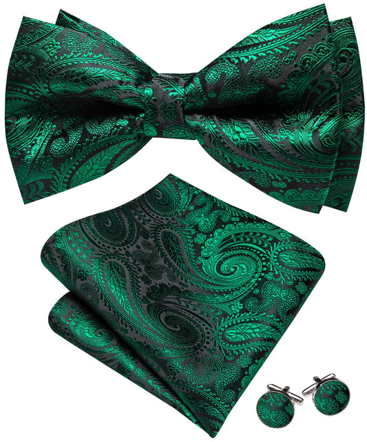 Barry. Wang Emerald Green Bow Tie Pre-tied Paisley Silk Adjustable Bowtie Hanky Cufflinks Set for Wedding