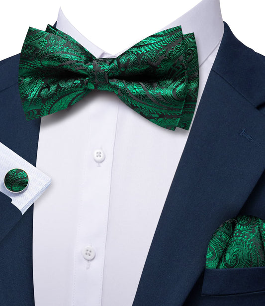 Barry. Wang Emerald Green Bow Tie Pre-tied Paisley Silk Adjustable Bowtie Hanky Cufflinks Set for Wedding