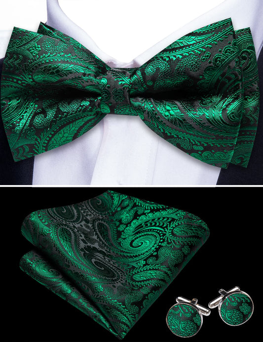 Barry. Wang Emerald Green Bow Tie Pre-tied Paisley Silk Adjustable Bowtie Hanky Cufflinks Set for Wedding