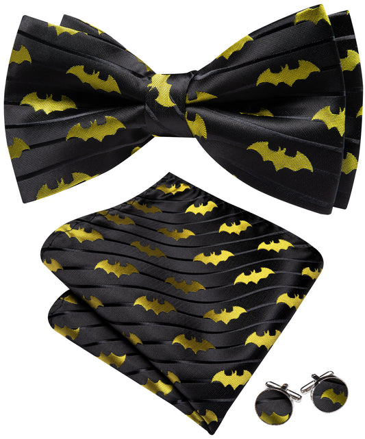 Barry. Wang Black Yellow Bow Tie for Men Pre-tied Adjustable Silk Bat Bowtie Set for Party Wedding