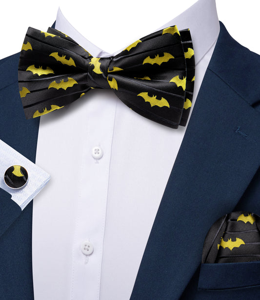 Barry. Wang Black Yellow Bow Tie for Men Pre-tied Adjustable Silk Bat Bowtie Set for Party Wedding