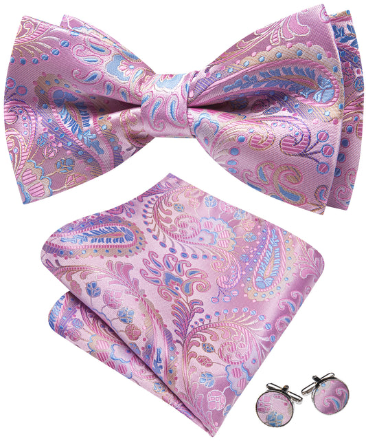 Barry. Wang Rose Pink Bow Tie for Men Paisley Pre-tied Silk Wedding Bowtie Hanky Cufflinks Set