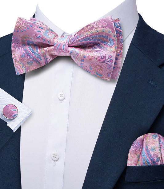 Barry. Wang Rose Pink Bow Tie for Men Paisley Pre-tied Silk Wedding Bowtie Hanky Cufflinks Set