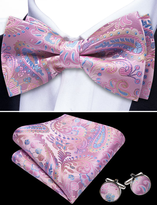 Barry. Wang Rose Pink Bow Tie for Men Paisley Pre-tied Silk Wedding Bowtie Hanky Cufflinks Set