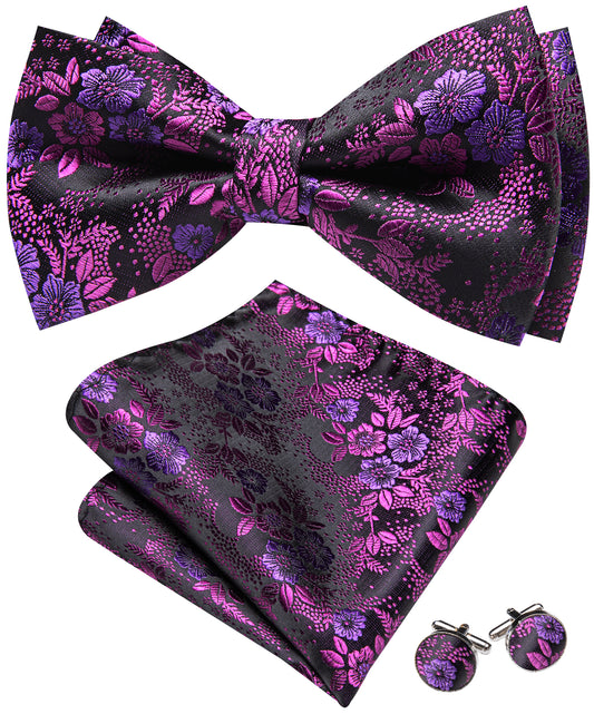 Barry. Wang Wisteria Purple Bowtie for Men Silk Pre-Tied Floral Wedding Bowtie Hanky Cufflinks Set