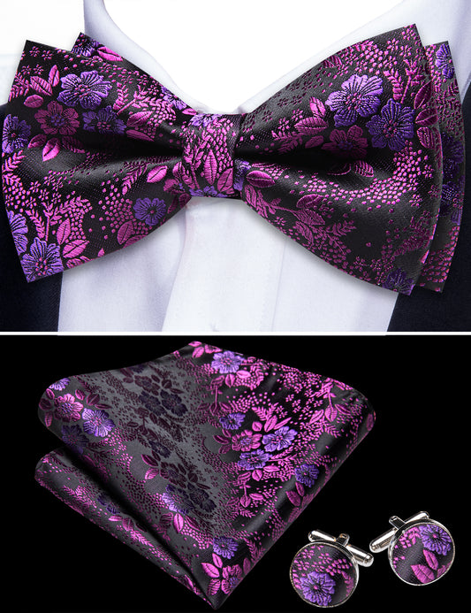 Barry. Wang Wisteria Purple Bowtie for Men Silk Pre-Tied Floral Wedding Bowtie Hanky Cufflinks Set