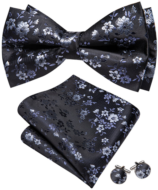 Barry. Wang Black Silver Bowtie for Wedding Party Pre-tied Floral Silk Bowtie Pocket Square Cufflinks Set
