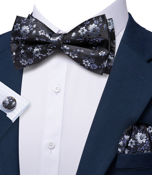 Barry. Wang Black Silver Bowtie for Wedding Party Pre-tied Floral Silk Bowtie Pocket Square Cufflinks Set