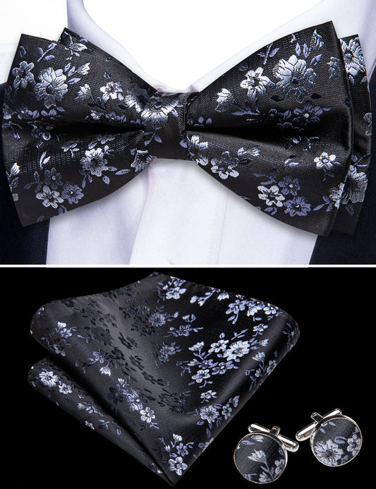 Barry. Wang Black Silver Bowtie for Wedding Party Pre-tied Floral Silk Bowtie Pocket Square Cufflinks Set