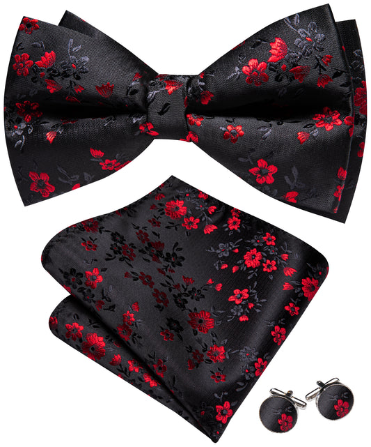 Barry. Wang Black Red Bow Tie Hanky Cufflinks Set for Wedding Pre-Tied Floral Silk Formal Bowtie