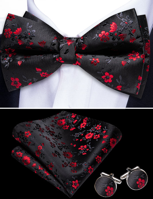 Barry. Wang Black Red Bow Tie Hanky Cufflinks Set for Wedding Pre-Tied Floral Silk Formal Bowtie
