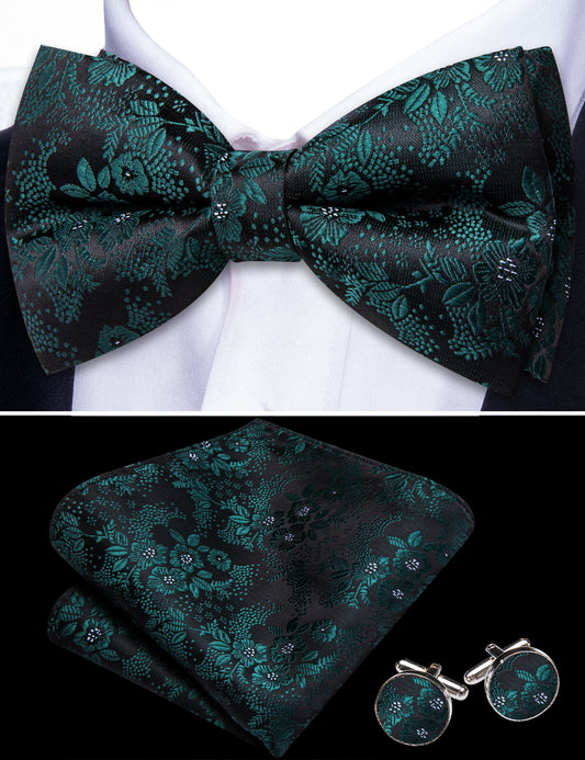 Barry. Wang Hunter Green Bowtie Pocket Square Cufflinks Set Floral Adjustable Men's Wedding Bow Tie