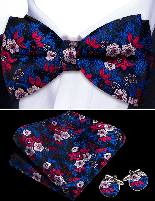 Barry. Wang Classic Blue Bowtie Floral Jacquard Pre-tied Bow Tie Hanky Cufflinks Set for Party