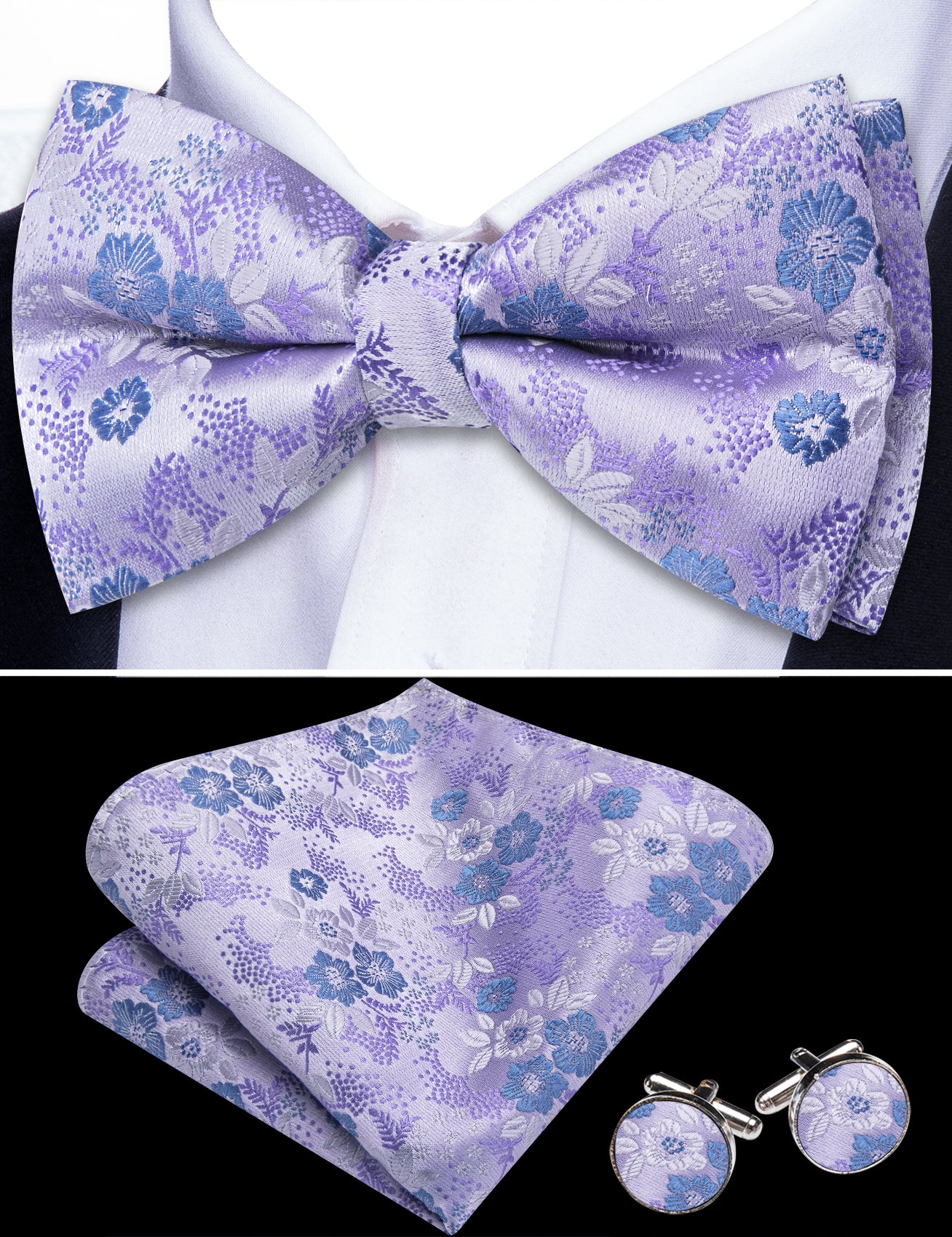 Barry. Wang Purple Lilac Bow Tie Floral Adjustable Pre-tied Bow Tie Hanky Cufflinks Set for Formal