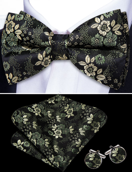 Barry. Wang Olive Floral Bow Tie for Men Adjustable Jacquard Silk Bow Tie Hanky Cufflinks Set for Tuxedo