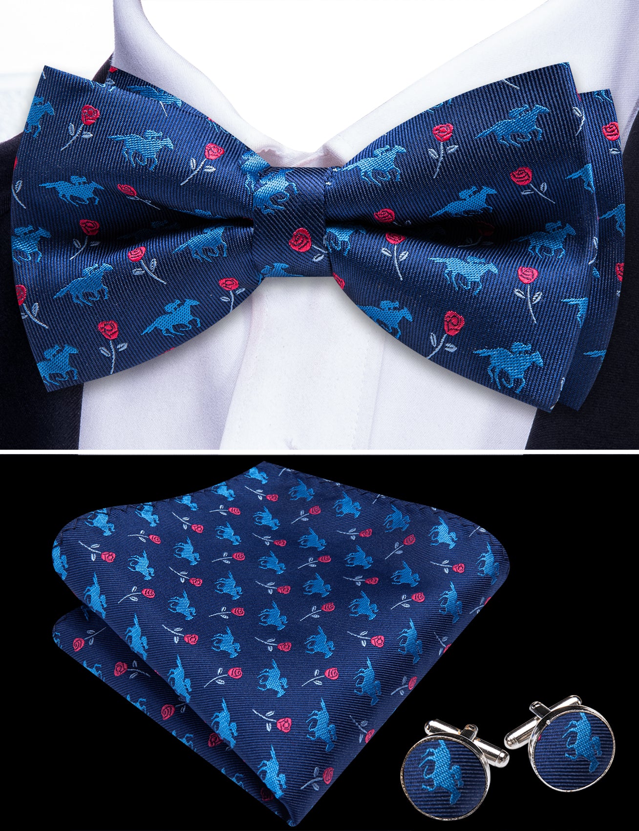 Barry. Wang Blue Pink Plaid Bowtie Pre-tied Silk Men's Tuxedo Bow Tie Hanky Cufflinks Set