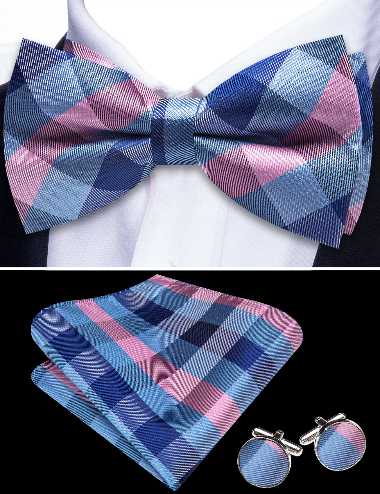 Barry. Wang Blue Pink Plaid Bowtie Pre-tied Silk Men's Tuxedo Bow Tie Hanky Cufflinks Set