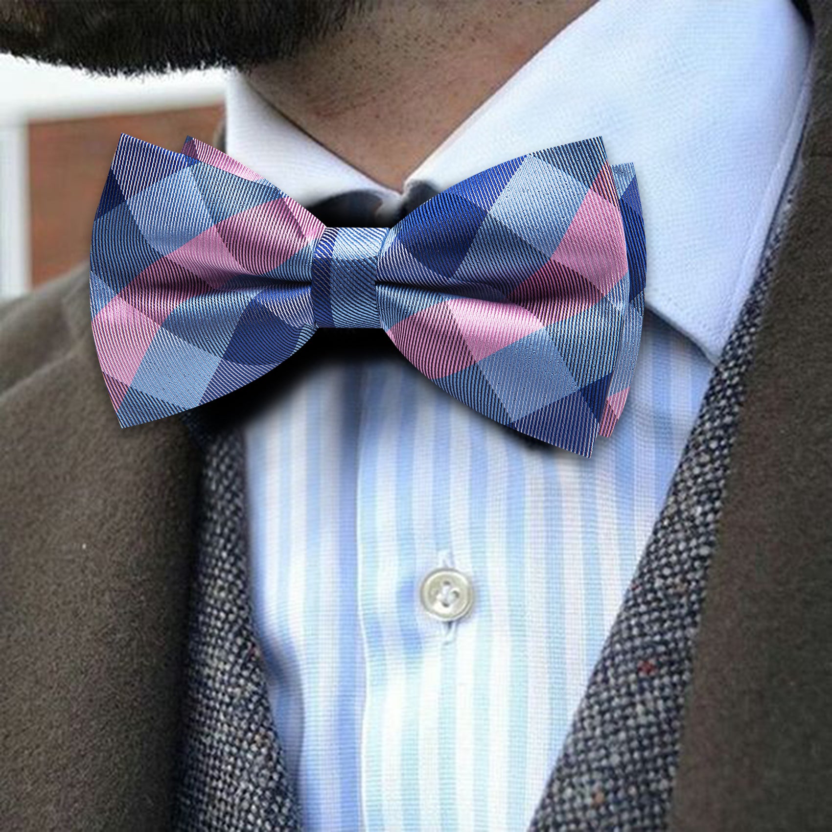 Barry. Wang Blue Pink Plaid Bowtie Pre-tied Silk Men's Tuxedo Bow Tie Hanky Cufflinks Set