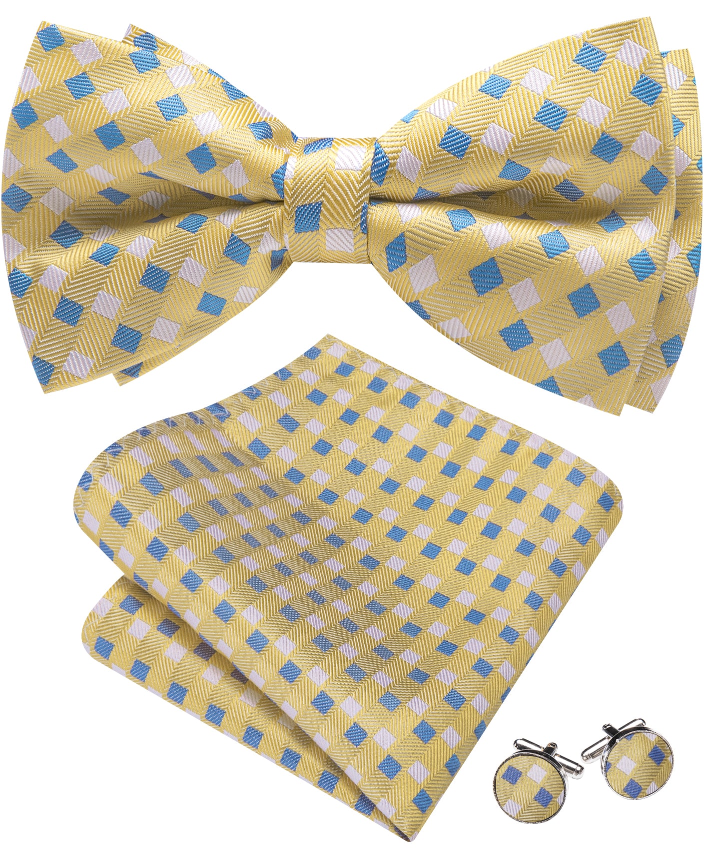 Barry. Wang Yellow Bow Tie Hanky Cufflinks Set Blue Plaid Pre-tied Silk Men's Tuxedo Bow Tie Hanky Cufflinks Set for Wedding