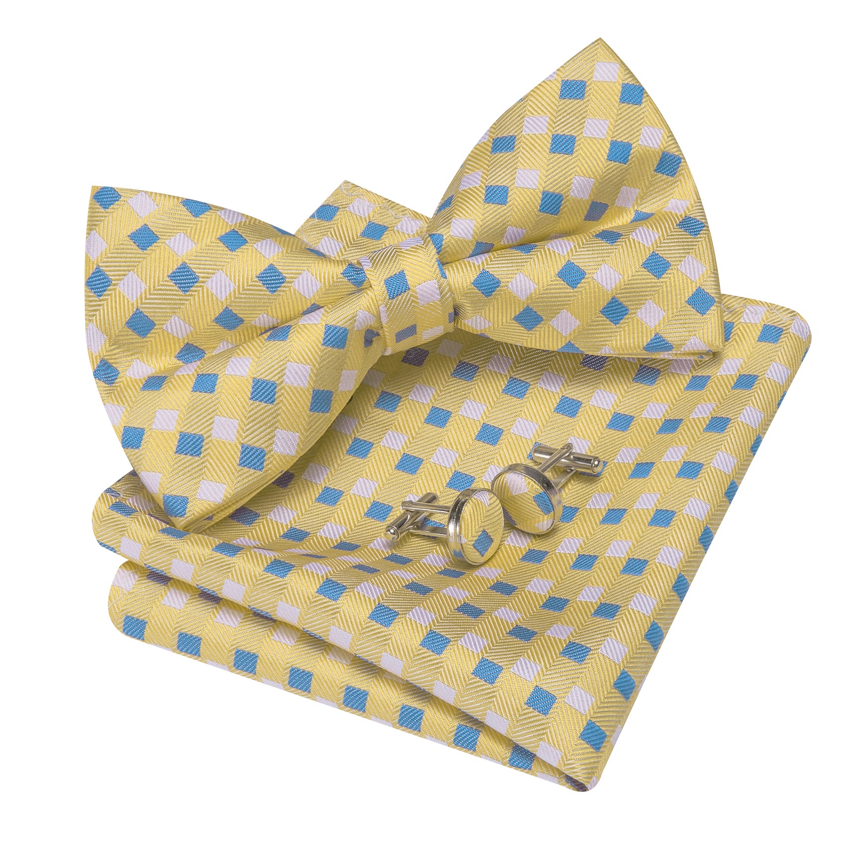 Barry. Wang Yellow Bow Tie Hanky Cufflinks Set Blue Plaid Pre-tied Silk Men's Tuxedo Bow Tie Hanky Cufflinks Set for Wedding
