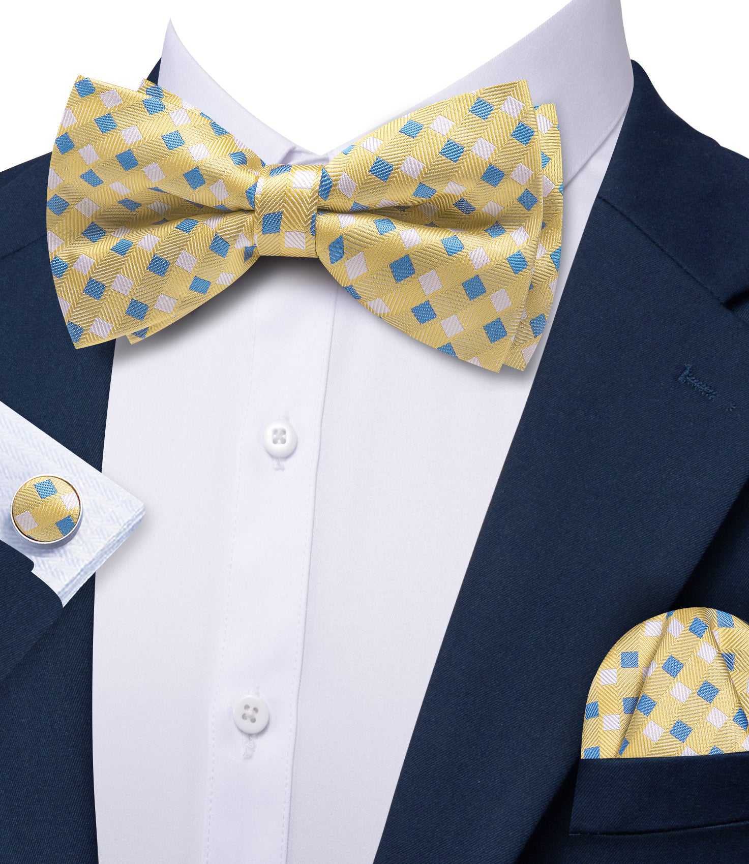 Barry. Wang Yellow Bow Tie Hanky Cufflinks Set Blue Plaid Pre-tied Silk Men's Tuxedo Bow Tie Hanky Cufflinks Set for Wedding