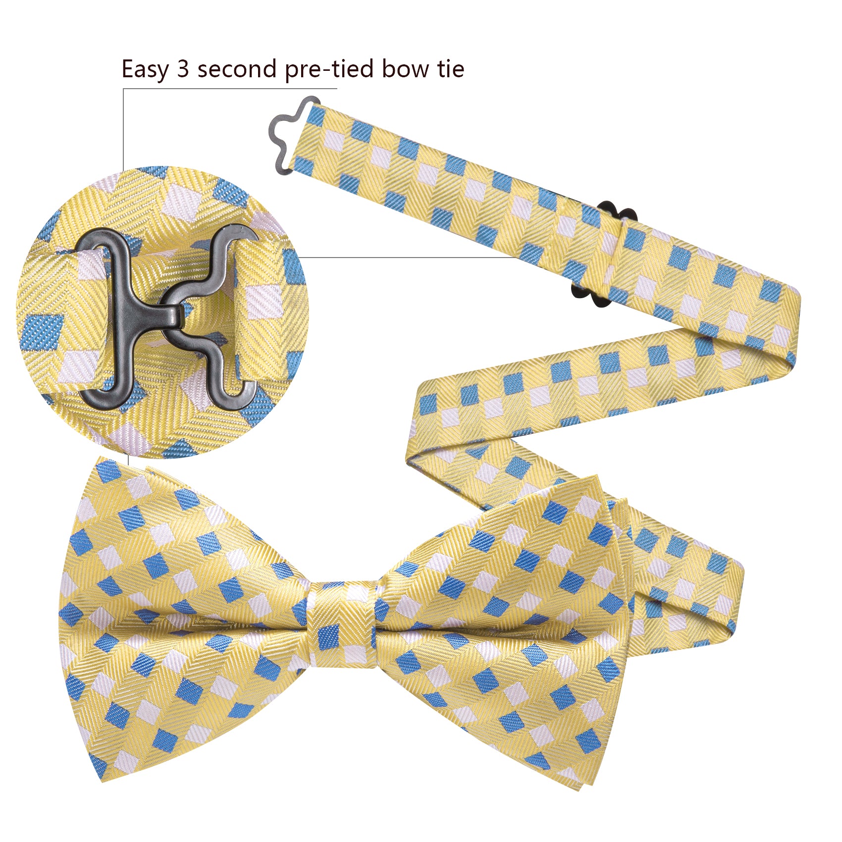 Barry. Wang Yellow Bow Tie Hanky Cufflinks Set Blue Plaid Pre-tied Silk Men's Tuxedo Bow Tie Hanky Cufflinks Set for Wedding