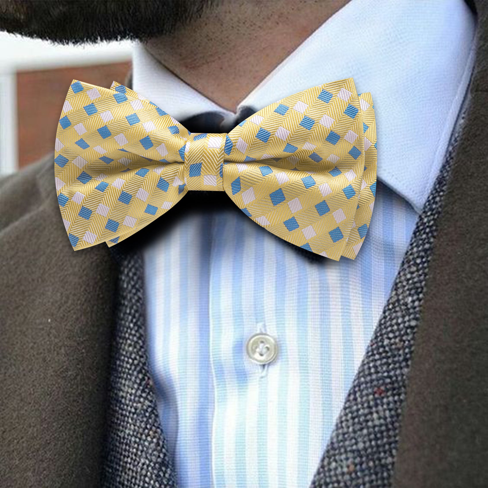 Barry. Wang Yellow Bow Tie Hanky Cufflinks Set Blue Plaid Pre-tied Silk Men's Tuxedo Bow Tie Hanky Cufflinks Set for Wedding