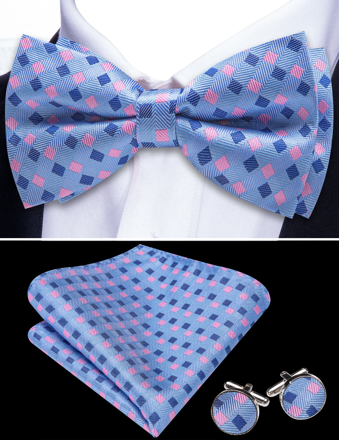 Barry. Wang Blue Bow Tie Hanky Cufflinks Set Plaid Pre-tied Silk Men's Tuxedo Bow Tie Hanky Cufflinks Set