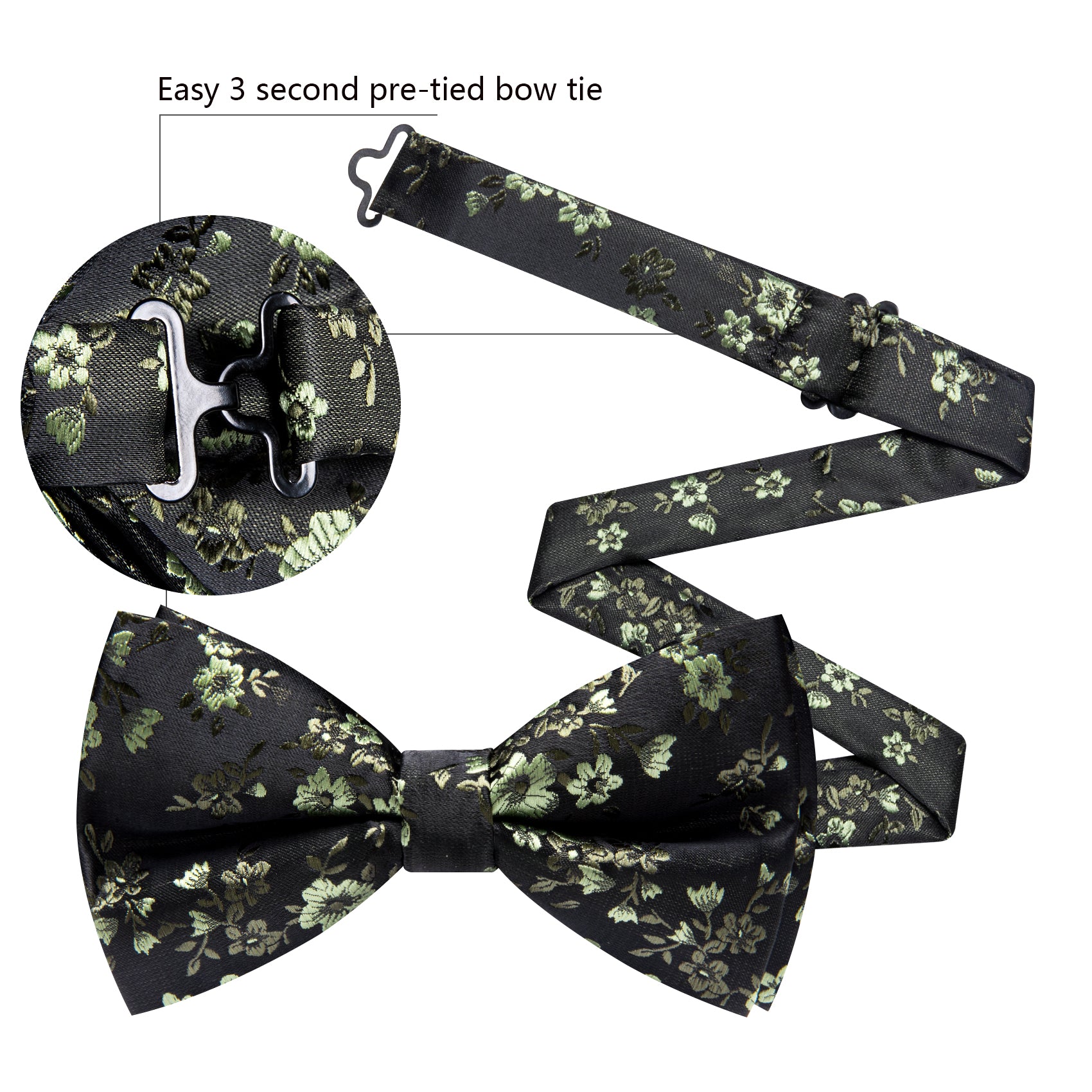 Barry. Wang Black Bowtie Green Floral Pre-tied Silk Men's Tuxedo Bow Tie Hanky Cufflinks Set