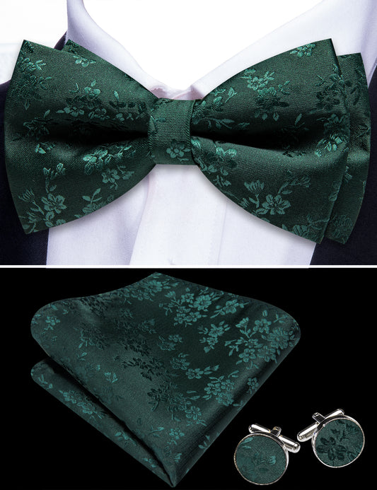 Barry. Wang Dark Green Bow Tie Hanky Cufflinks Set  Floral Pre-tied Jacquard Bow Tie for Men