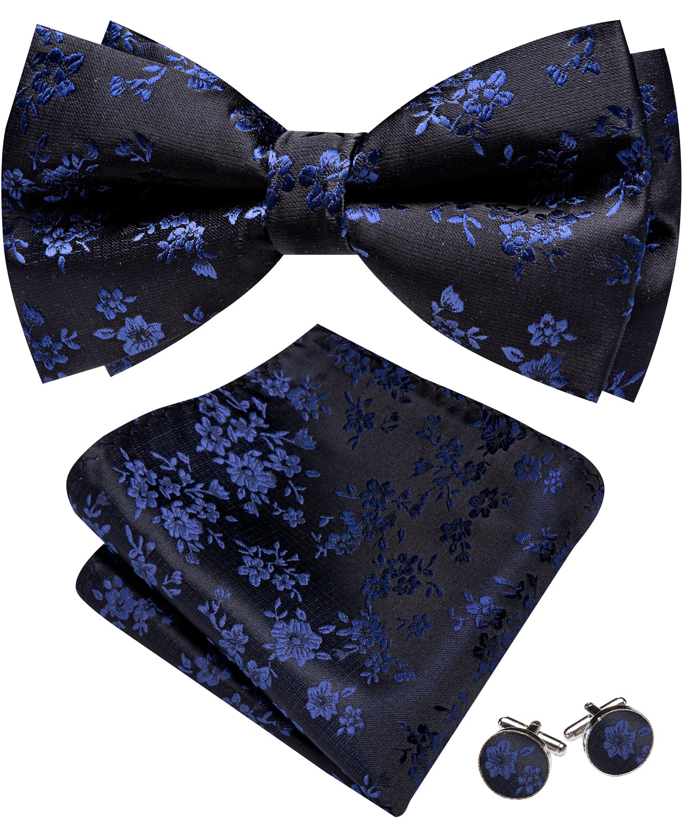 Barry. Wang Black Bow Tie Hanky Cufflinks Set Blue Floral Pre-tied Jacquard Bow Tie for Men