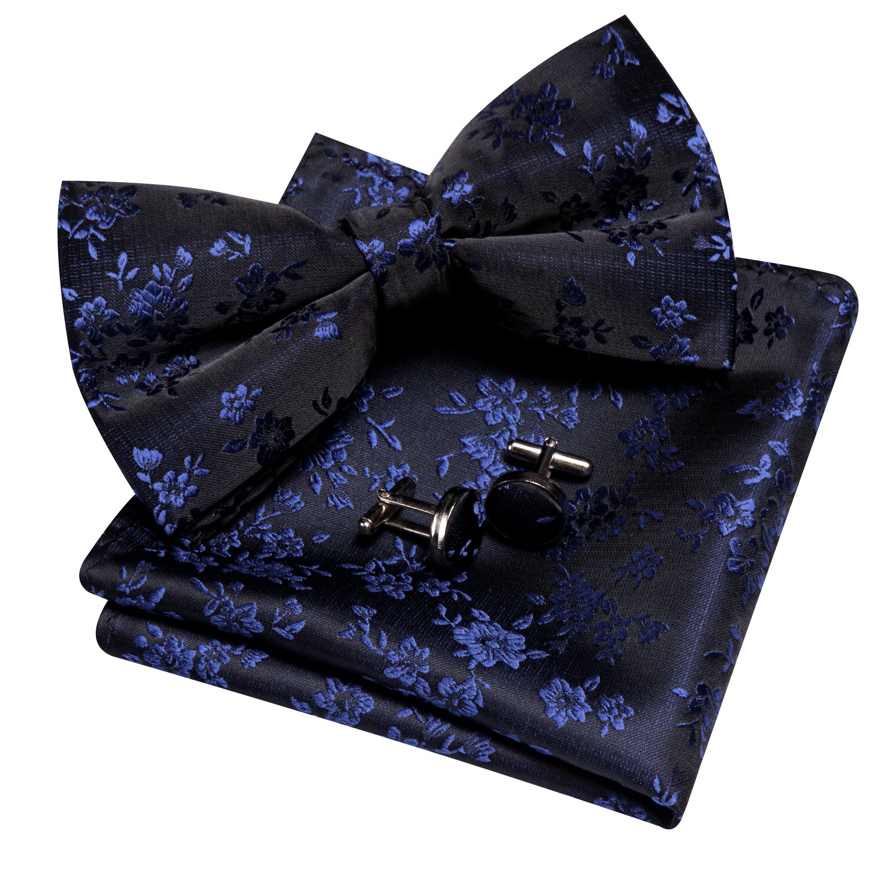 Barry. Wang Black Bow Tie Hanky Cufflinks Set Blue Floral Pre-tied Jacquard Bow Tie for Men