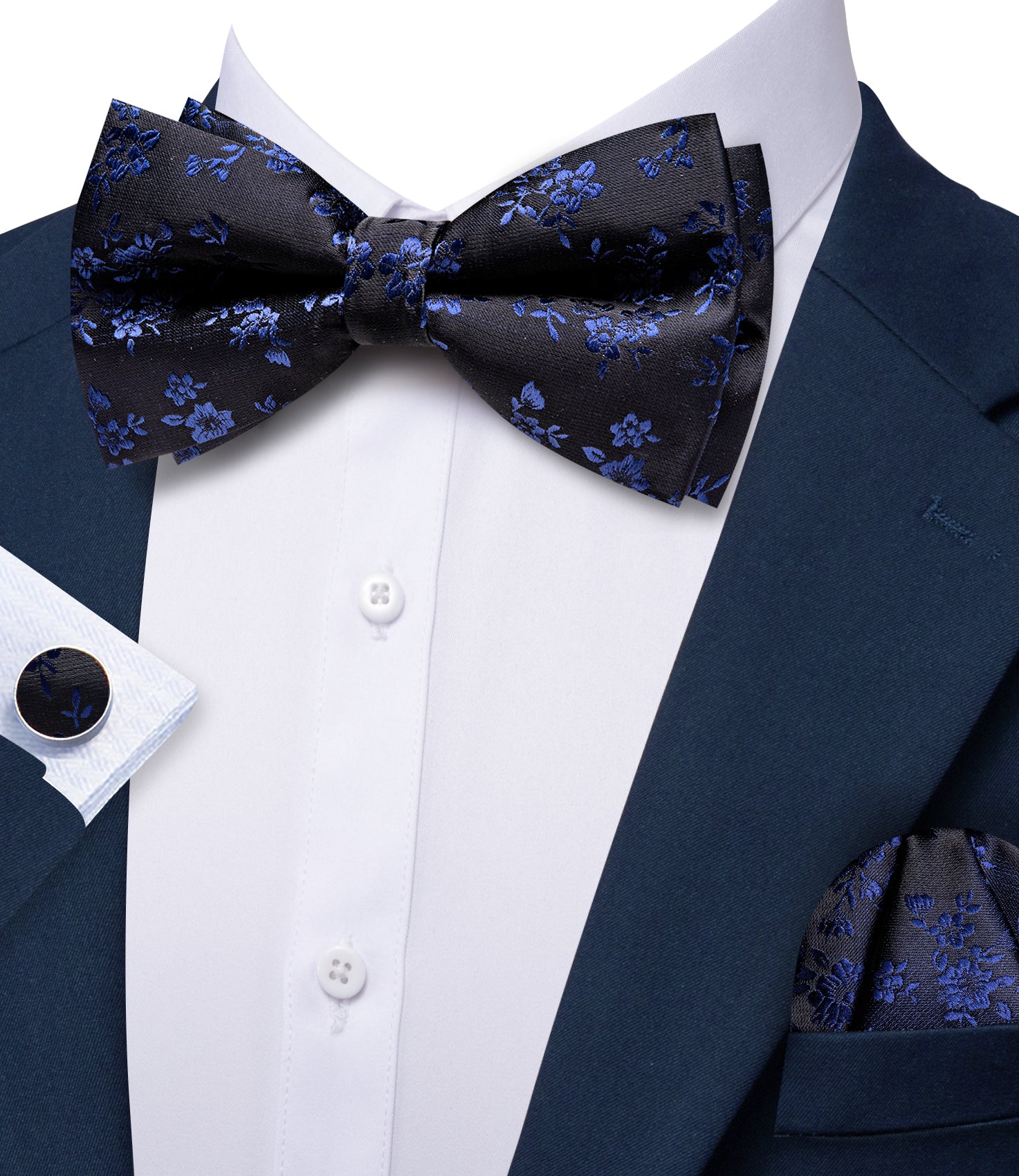Barry. Wang Black Bow Tie Hanky Cufflinks Set Blue Floral Pre-tied Jacquard Bow Tie for Men