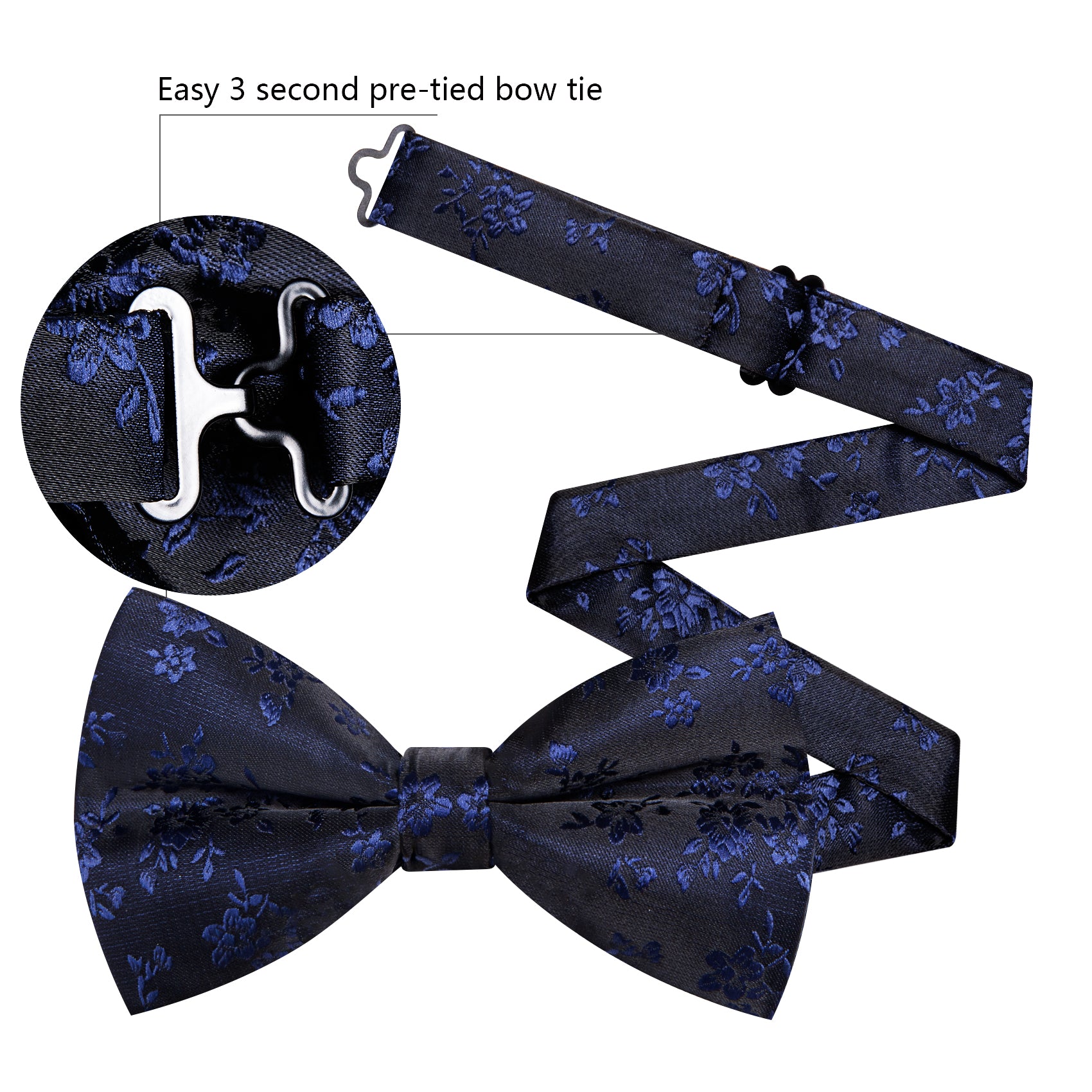 Barry. Wang Black Bow Tie Hanky Cufflinks Set Blue Floral Pre-tied Jacquard Bow Tie for Men